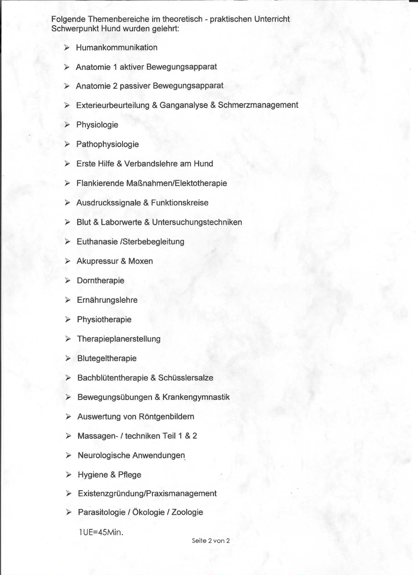 Zertifikat 2. Teil Liste von Studienschwerpunkten im Bereich Tierphysiologie