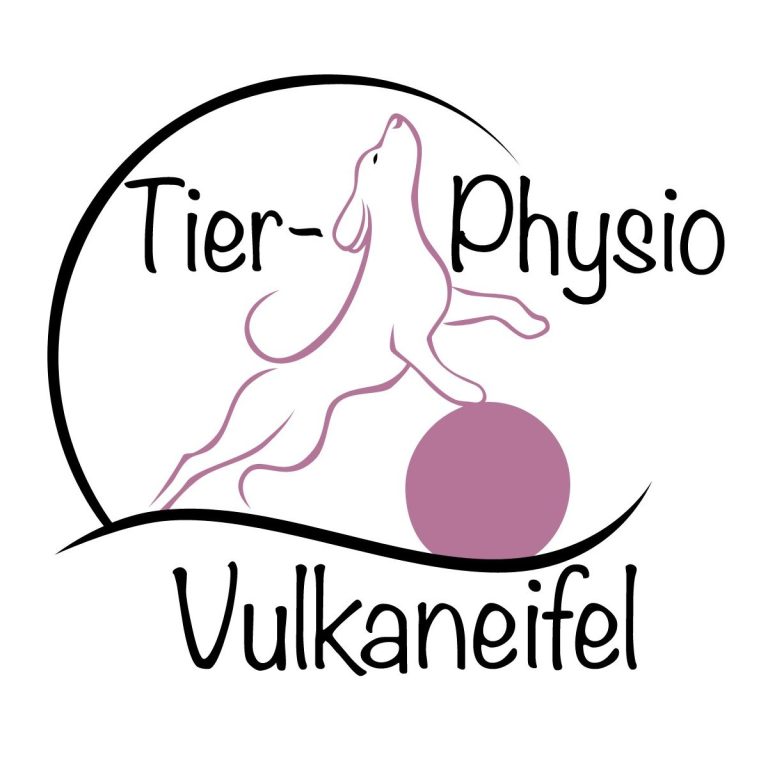 Logo Tierphysio Vulkaneifel Logo Tierphysio Vulkaneifel, mit einem Hund der mit den Vorderpfoten auf einem Ball steht.
